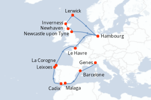 carte itinéraire croisière Europe du Nord 18 jours au départ du port de Genes