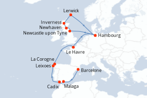 carte itinéraire croisière Europe du Nord 17 jours au départ du port de Barcelone