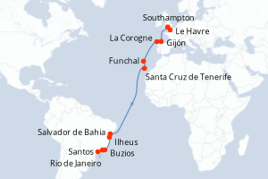 carte itinéraire croisière Transatlantique 19 jours au départ du port de Southampton