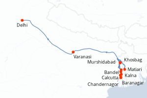 Carte de l'itinéraire de croisière Calcutta-Delhi d'une durée de 9 jours