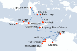 Carte de l'itinéraire de croisière Darwin-Benoa d'une durée de 16 jours