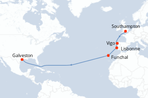 carte itinéraire croisière Transatlantique 15 jours au départ du port de Southampton