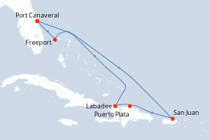carte itinéraire croisière Caraïbes Bahamas 7 jours au départ du port de Port Canaveral