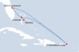carte itinéraire croisière Caraïbes Bahamas 7 jours au départ du port de Port Canaveral
