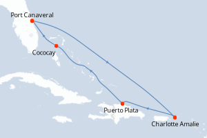 carte itinéraire croisière Caraïbes Bahamas 7 jours au départ du port de Port Canaveral
