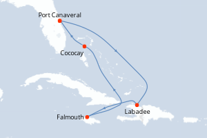carte itinéraire croisière Caraïbes Bahamas 6 jours au départ du port de Port Canaveral