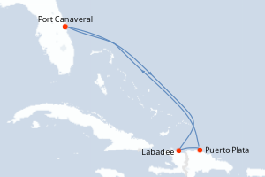carte itinéraire croisière Caraïbes Bahamas 5 jours au départ du port de Port Canaveral