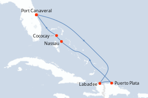 carte itinéraire croisière Caraïbes Bahamas 7 jours au départ du port de Port Canaveral