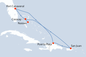 carte itinéraire croisière Caraïbes Bahamas 7 jours au départ du port de Port Canaveral