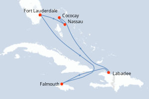 carte itinéraire croisière Caraïbes Bahamas 7 jours au départ du port de Fort Lauderdale