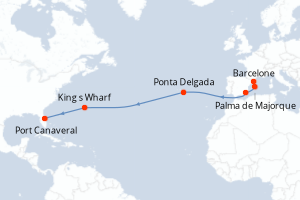 carte itinéraire croisière Transatlantique 13 jours au départ du port de Barcelone