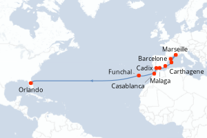 carte itinéraire croisière Transatlantique 16 jours au départ du port de Barcelone