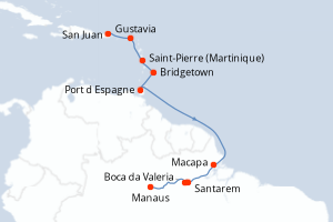 carte itinéraire croisière Amérique du Sud 12 jours au départ du port de San Juan