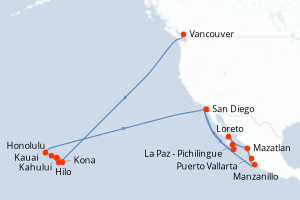 carte itinéraire croisière Amérique du Nord 28 jours au départ du port de Vancouver
