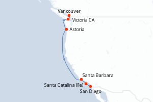 Carte de l'itinéraire de croisière San Diego-Vancouver d'une durée de 7 jours