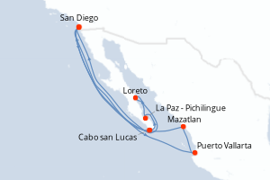 Carte itinéraire croisière États-Unis, Mexique - 14 jours au départ de San Diego - Amérique du Nord