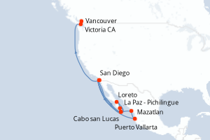 Carte de l'itinéraire de croisière San Diego-Vancouver d'une durée de 18 jours