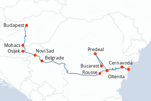Carte de l'itinéraire de croisière Budapest-Bucarest d'une durée de 11 jours