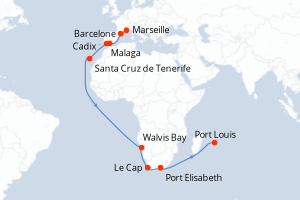 Carte de l'itinéraire de croisière Marseille-Port Louis d'une durée de 27 jours