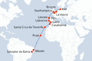 Carte de l'itinéraire de croisière Salvador de Bahia-Kiel d'une durée de 22 jours