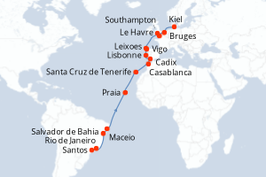 Carte de l'itinéraire de croisière Santos-Kiel d'une durée de 26 jours