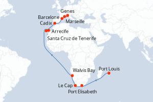carte itinéraire croisière Mer Rouge Océan Indien 27 jours au départ du port de Port Louis