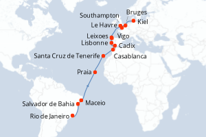 carte itinéraire croisière Europe du Nord 25 jours au départ du port de Rio de Janeiro