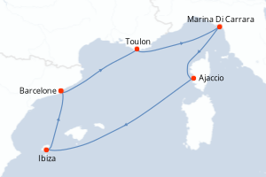 Carte de l'itinéraire de croisière Barcelone-Barcelone d'une durée de 7 jours