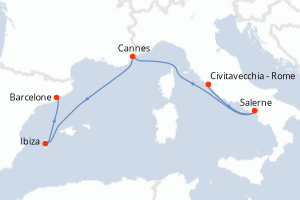 Carte de l'itinéraire de croisière Civitavecchia - Rome-Barcelone d'une durée de 6 jours