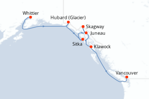 Carte de l'itinéraire de croisière Whittier-Vancouver d'une durée de 7 jours