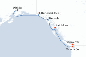 Carte de l'itinéraire de croisière Whittier-Vancouver d'une durée de 7 jours