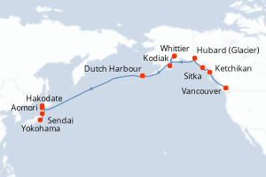 carte itinéraire croisière Asie 19 jours au départ du port de Vancouver