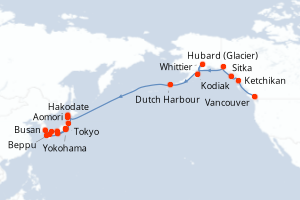 carte itinéraire croisière Asie 30 jours au départ du port de Vancouver