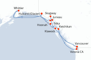 Carte de l'itinéraire de croisière Vancouver-Vancouver d'une durée de 14 jours