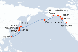 carte itinéraire croisière Alaska 19 jours au départ du port de Tokyo