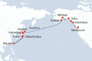 carte itinéraire croisière Alaska 17 jours au départ du port de Tokyo
