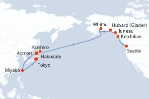 carte itinéraire croisière Asie 20 jours au départ du port de Seattle