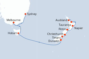 carte itinéraire croisière Australie Nouvelle Zélande 14 jours au départ du port de Auckland
