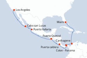 Carte de l'itinéraire de croisière Miami-Los Angeles d'une durée de 15 jours