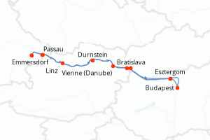 Carte itinéraire croisière Allemagne, Autriche, Hongrie, Slovaquie, Roumanie - 7 jours au départ de Passau - Danube