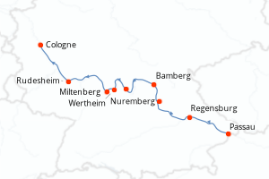 Carte de l'itinéraire de croisière Passau-Cologne d'une durée de 7 jours