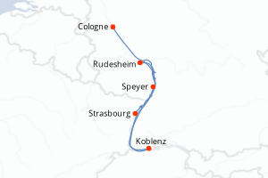 Carte de l'itinéraire de croisière Cologne-Strasbourg d'une durée de 4 jours
