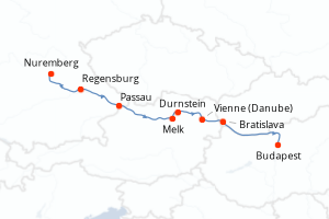 Carte de l'itinéraire de croisière Nuremberg-Budapest d'une durée de 7 jours
