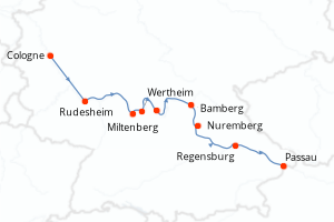 Carte de l'itinéraire de croisière Cologne-Passau d'une durée de 7 jours