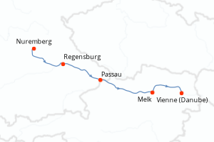 Carte de l'itinéraire de croisière Nuremberg-Vienne (Danube) d'une durée de 6 jours
