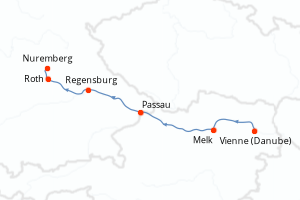 Carte de l'itinéraire de croisière Vienne (Danube)-Nuremberg d'une durée de 6 jours