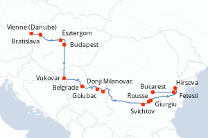 Carte de l'itinéraire de croisière Vienne (Danube)-Bucarest d'une durée de 9 jours