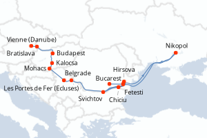 Carte de l'itinéraire de croisière Bucarest-Vienne (Danube) d'une durée de 10 jours
