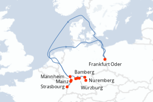 Carte de l'itinéraire de croisière Nuremberg-Strasbourg d'une durée de 6 jours