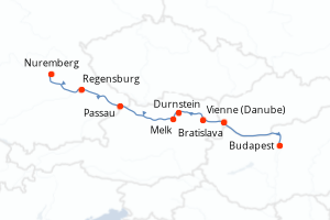 Carte de l'itinéraire de croisière Budapest-Nuremberg d'une durée de 7 jours